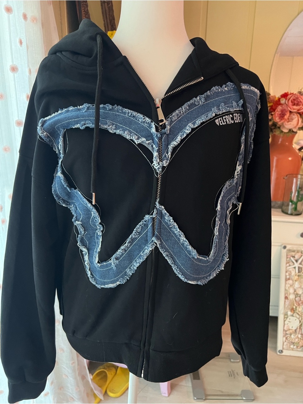 Aelfric Eden Black Hoodie with Distressed Denim Patch